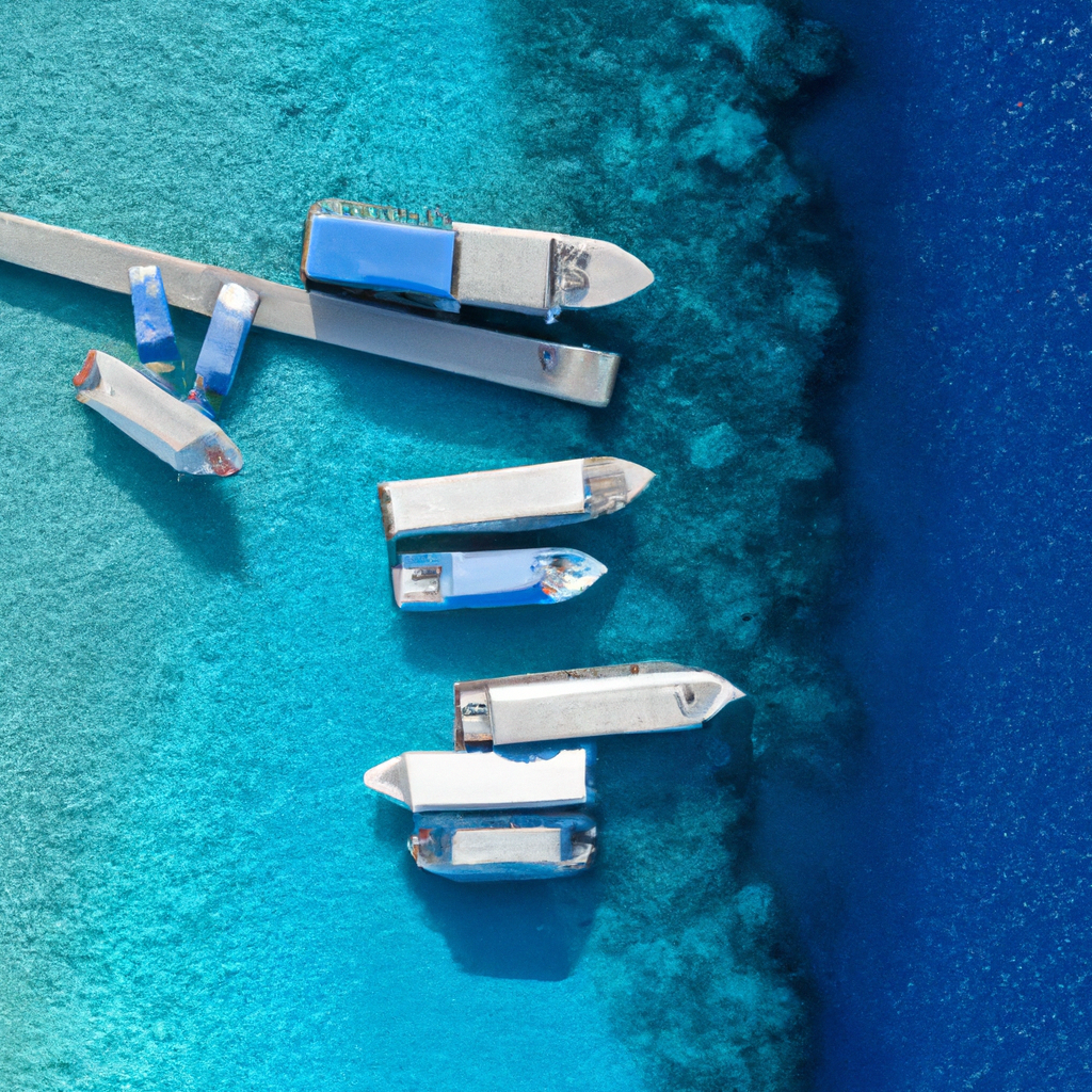 Archipel tropical vu du ciel, micro-réseaux et bateaux robotiques — ambiance douce et détaillée